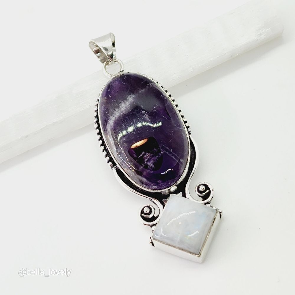 Amethyst Rainbow Moonstone 925 Silver Plated Pendant 2.7"